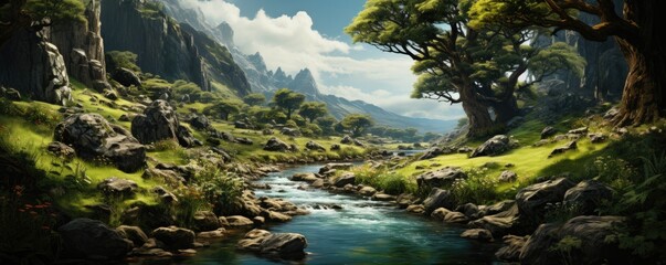 Panoramic Painting Illustration of Various Fantasy Lands - Exploring Joyful Fantasy World Landscapes with Fantasy Architecture, Sakura, Blossom Tree, Village,  Moon, Moonlit, Night, Overgrown, Nature