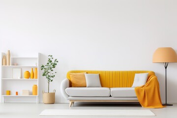 Home interior mock-up with orange sofa, floor lamp and pampas grass in living room, 3d render, Generative AI
