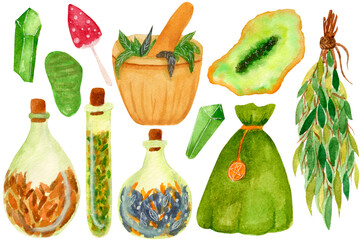 Watercolor set, mortar, crystal, herb, geode, bottles, bag isolated on white background. For various products, cards,etc