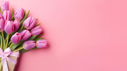 Colorful Tulips and Gift Box on Pink Background