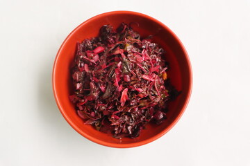 Laal mathachi bhaji, red spinach leaves stir fry, made with red amaranth, scraped coconut, green chillies, garlic, and onions, traditional Indian food