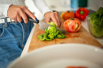 female hand and knife cutting salad