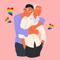 Male gay couple in love. Interracial homosexual couple. Love concept. Lgbtq people in romantic relationships.Two happy men hugging, smiling. Pride month. Men embrace each other. Vector illustration.