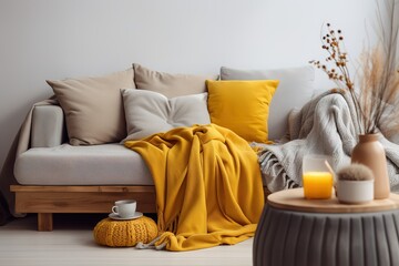 Cosy modern living room interior with yellow sofa and decoration room on a yellow or white wall background | Minimal concept. interior of living yellow, Generative AI