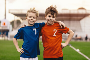Children's Friendship in Sports Competition. Kids soccer players in school sports tournaments....