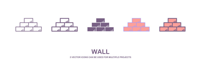 Wall icon of 5 types. brick icon vector. Isolated vector sign symbol. Brick wall icon vector, filled flat sign, solid pictogram isolated on white. Symbol, logo illustration.