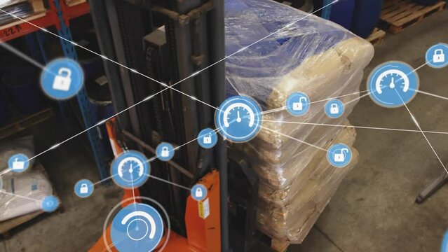 Animation of connected speedometer and lock icons over forklift with boxes moving in warehouse