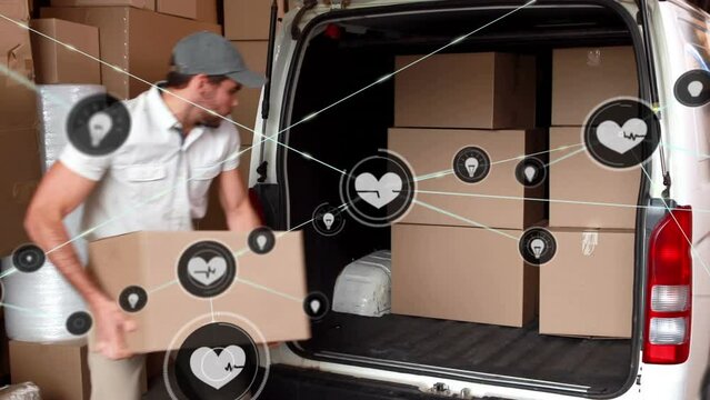 Animation of connected heartlines and lightbulb icons, caucasian delivery man loading boxes in van