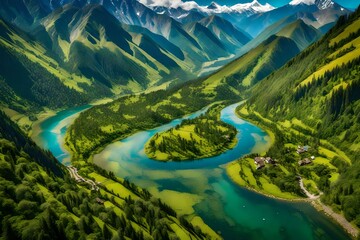 river in the mountains, A breathtaking aerial view captures the grandeur of landscape mountains, a lush valley, and a winding river