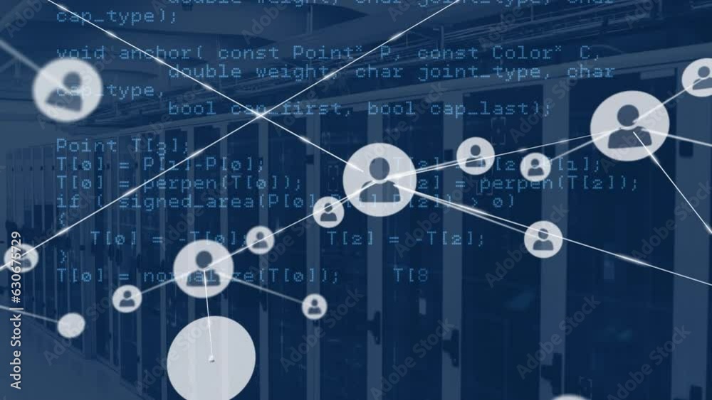 Poster animation of connected icons over computer language against server room in background