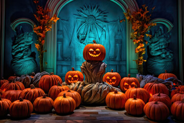 Obraz premium Dreamy Halloween Elegance: Shimmering Pumpkins on Podium