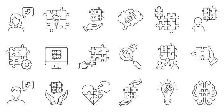 Team Management, Creative Business Outline Symbol Collection. Jigsaw Puzzle Game Line Icon Set. Brainstorm, Meeting, Solution, Teamwork Linear Pictogram. Editable Stroke. Isolated Vector Illustration