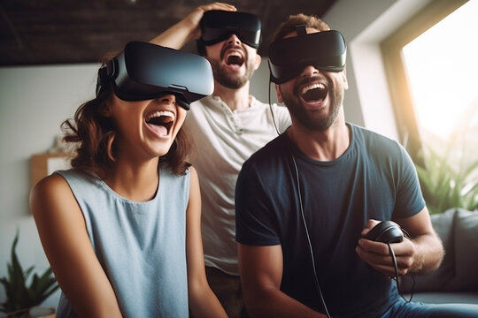 Excited group of young people using Virtual Reality headset device at home - Amazed friends exploring artificial computer world - Modern young people experiencing virtual reality - Generative AI.