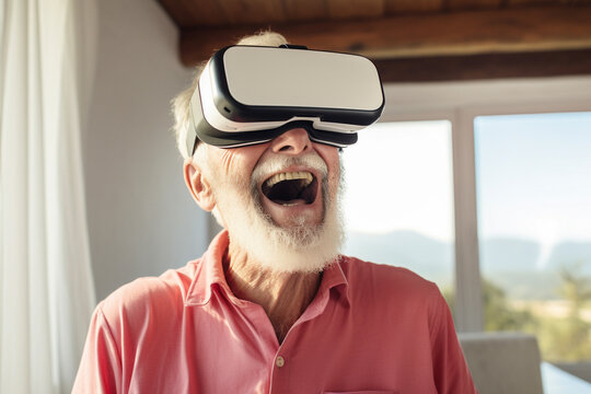 Excited old man using Virtual Reality headset device at home - Amazed senior exploring artificial computer world - Modern senior man enjoying experiencing metaverse virtual reality - Generative AI.