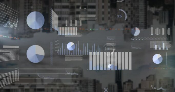 Animation of multiple graphs and trading board over modern cityscapes against cloudy sky