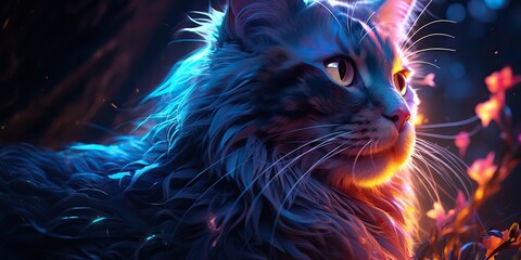 AI Generated. AI Generative. Cat sitting close to neon glowing light. Portrait pet animal face cyberpunk neon style. Can be used like home cozy poster