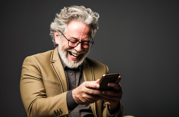 Senior older grandfather in fashionable look enjoy moment with mobile device.happiness and connectivity.generative ai technology