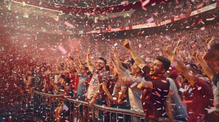 Cheering sport fans crowd celebrating victory and winning the championship and world cup