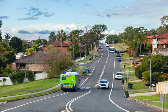 Bus pulling over at bus stop in Greater Western Sydney, NSW