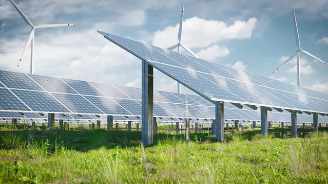 Solar farm of photovoltaic panels on a beautiful green meadow with wind turbines in the background. 3d render