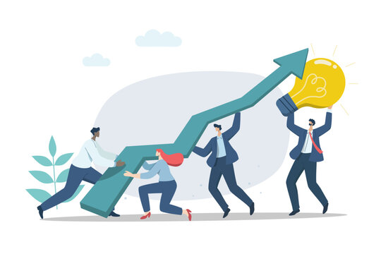 Teamwork to increase work efficiency and accomplished, Business team pushing the green graph and use effective ideas helps to lift the arrow graph to rise higher. Vector design illustration.