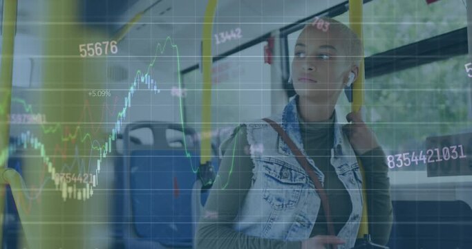 Animation of graphs, changing numbers, biracial woman wearing headphone and listening music on bus