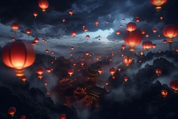 lanterns in the air with the beauty of the night sky. generative ai