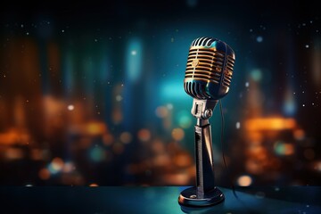 Generative AI, retro audio microphone on stage, blurred lights background