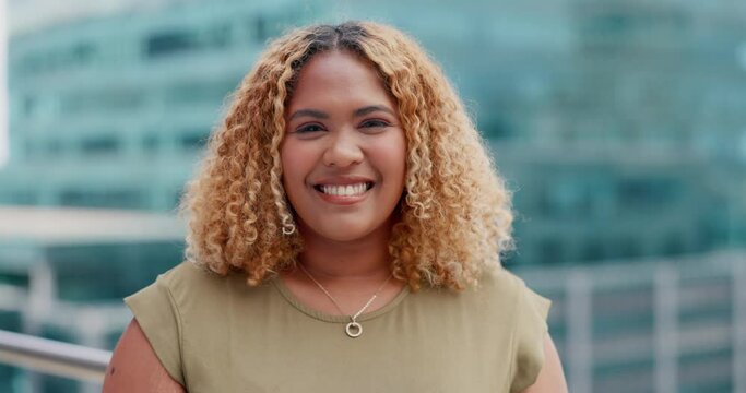 Black woman, portrait and city business while happy outdoor with vision and pride. Face of plus size entrepreneur person with urban buildings, smile and motivation for career goals as future leader