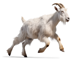 white goat running jumping on isolated background
