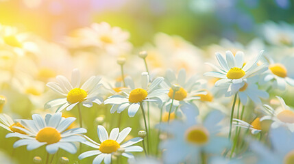 Fototapeta na wymiar Wild Chamomile Flowers in Nature: Soft Focus and Bokeh, Floral Summer Spring Background