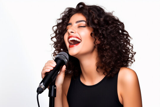 Beautiful Stylish Woman Singing Karaoke Isolated Over White Background