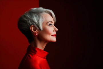 Caucasian woman in her 60s, short gray hair, red hair, in profile
