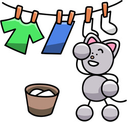 洗濯を干すにゃんまるのイラスト(左右反転バージョン)　猫
