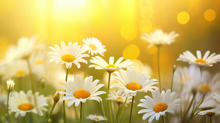 Wild Chamomile Flowers in Nature: Soft Focus and Bokeh, Floral Summer Spring Background