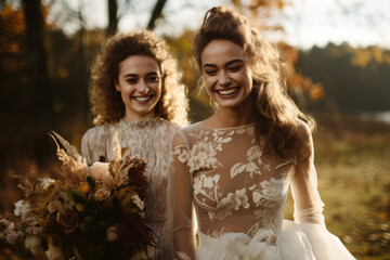 female brides/models/lgbtq + couple in magazine wedding/engagement editorial fashion/beauty photo shoot embracing/kissing autumn colours film photography look - generative ai art