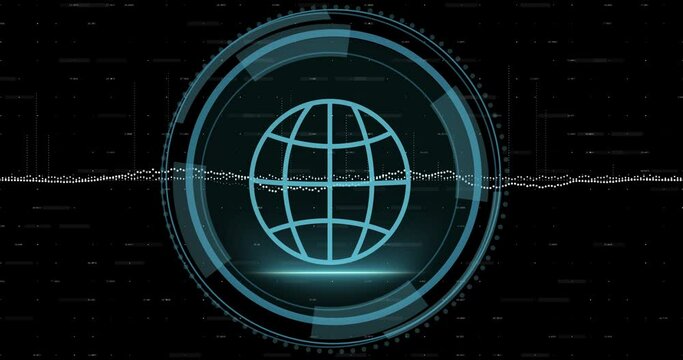 Animation of graphs over globe, cyber security text in shield, loading circles on black background