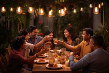 Indian Hindu family gathered together celebrating Diwali in their backyard garden
