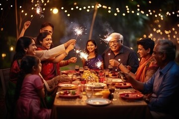 Obraz na płótnie Canvas Indian Hindu family gathered together celebrating Diwali in their backyard garden
