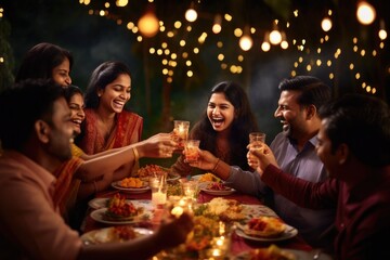 Indian Hindu family gathered together celebrating Diwali in their backyard garden