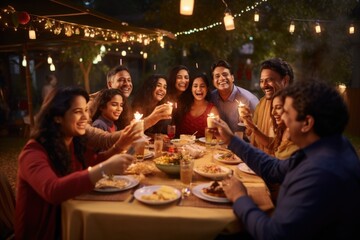 Indian Hindu family gathered together celebrating Diwali in their backyard garden