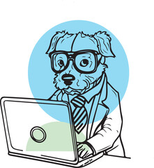 Cute Animal dog cat working on laptop line art vector illustration