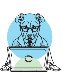 Cute Animal dog cat working on laptop line art vector illustration