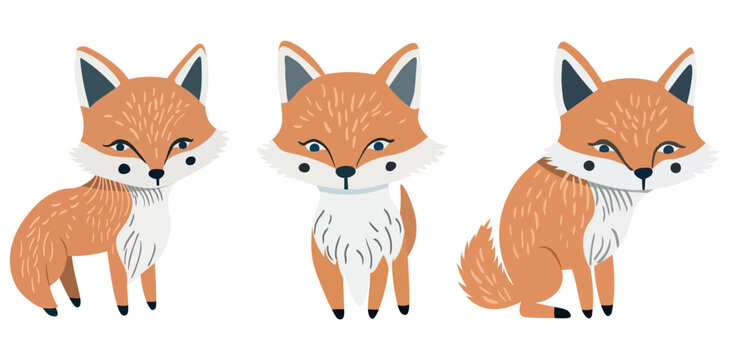 Hand drawn illustration of adorable fox cubs sitting side by side. Set of cute cartoon foxes. Ideal for decorating children's rooms, various printed and digital projects.