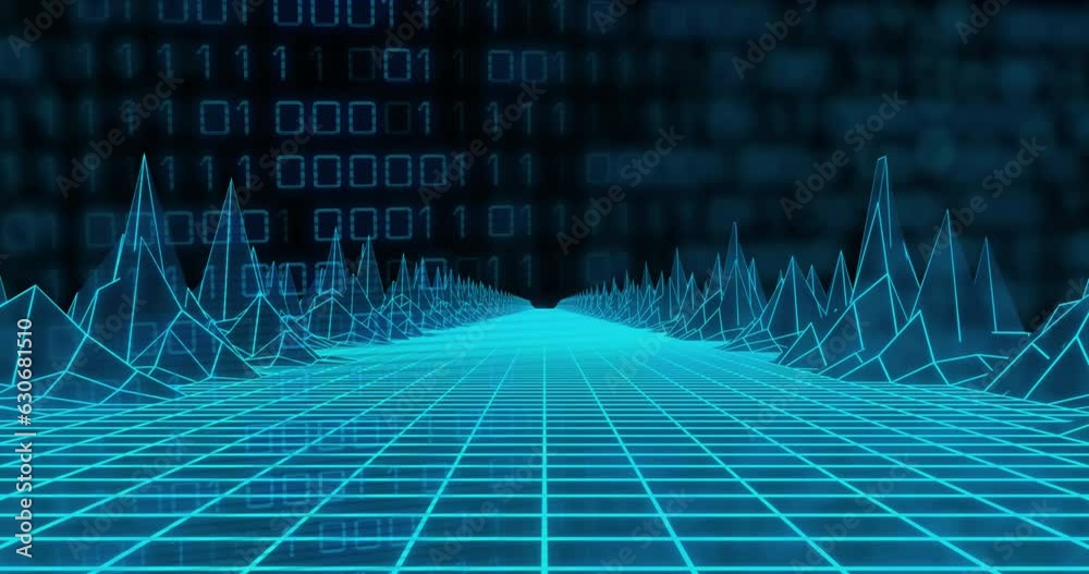 Wall mural animation of 3d model of grid pattern forming mountain over binary codes against black background
