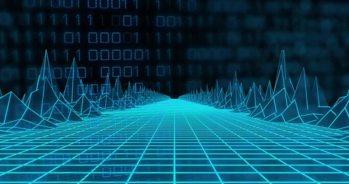 Animation of 3d model of grid pattern forming mountain over binary codes against black background