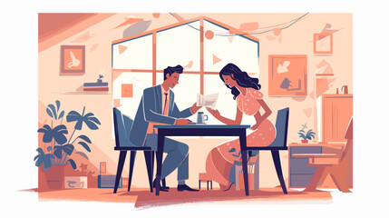 Figure man and woman sitting in a cafe flat style vector