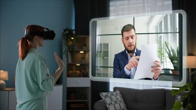 remote work, a young woman in viar glasses communicates with a colleague at work using a virtual call at home, modern technologies