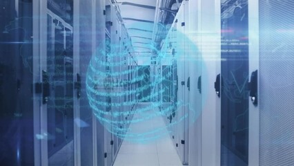 Animation of light spot and data processing over spinning globe against computer server room - Powered by Adobe