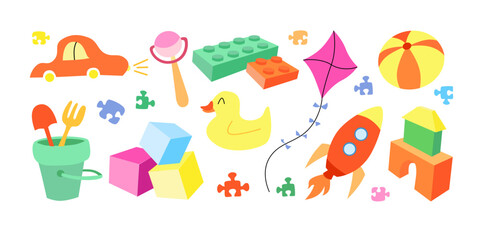 Cartoon toys set. Vector illustration flat style. Collection design elements with cars, duck, sandbox toys, cubes, rocket.